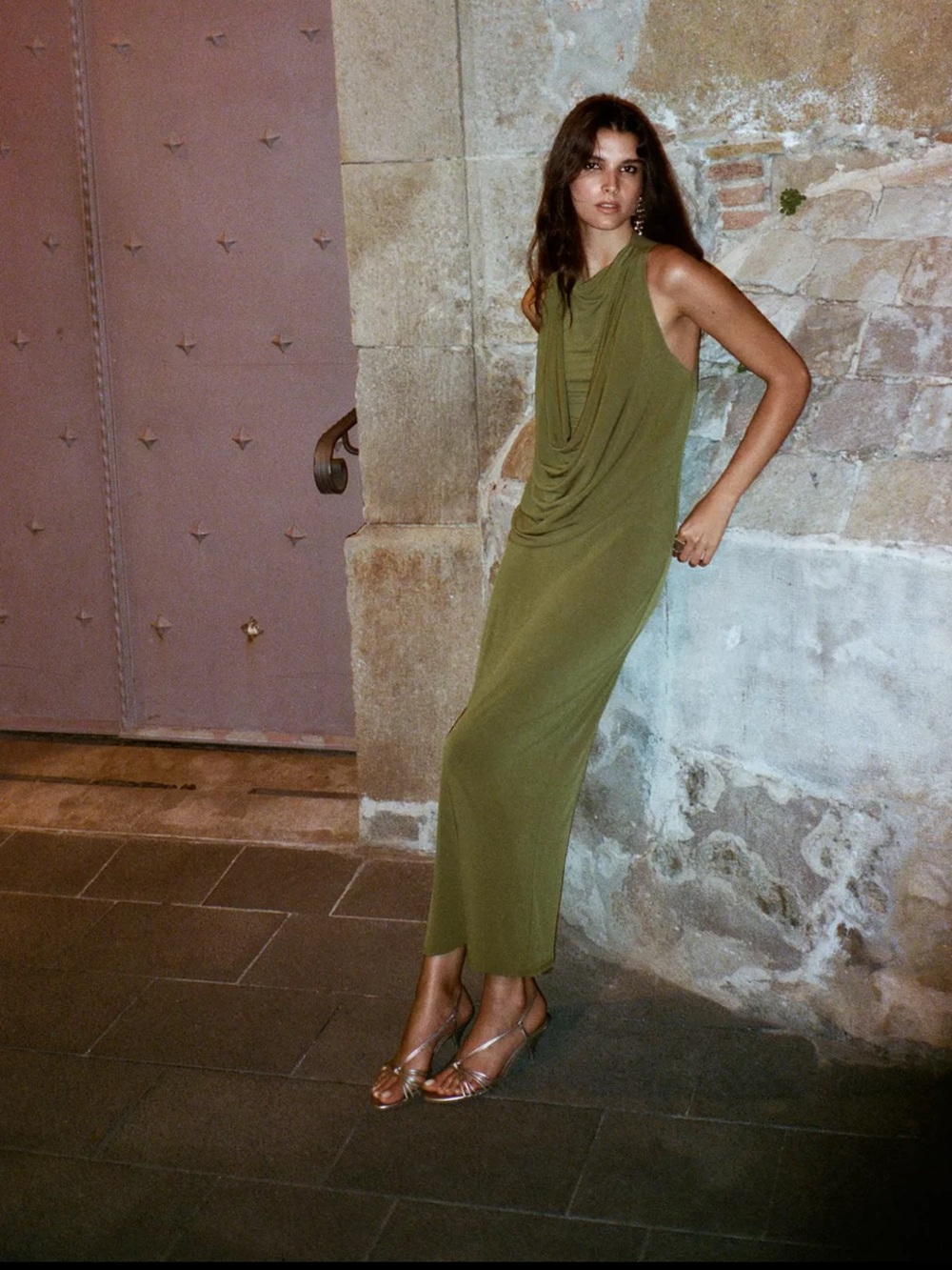 Zara Olive Green Draped Halter Maxi Dress